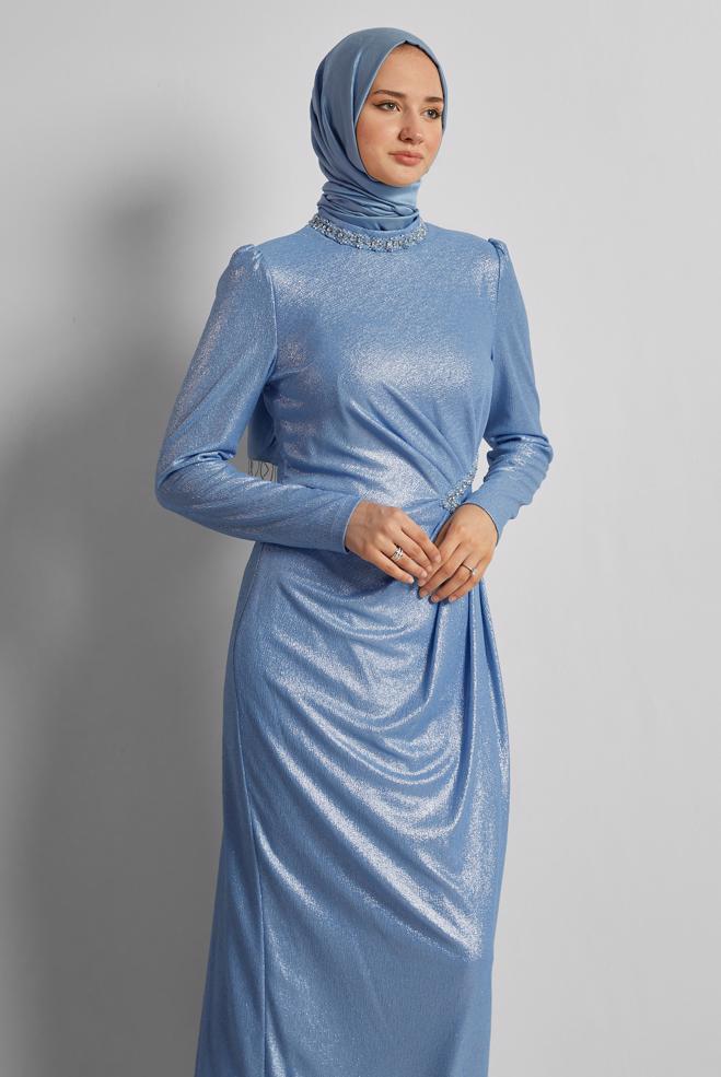 Vêtements hijab BLEU ROBE DÉTAILLÉE DE GEMME 45675 - ALVİNA