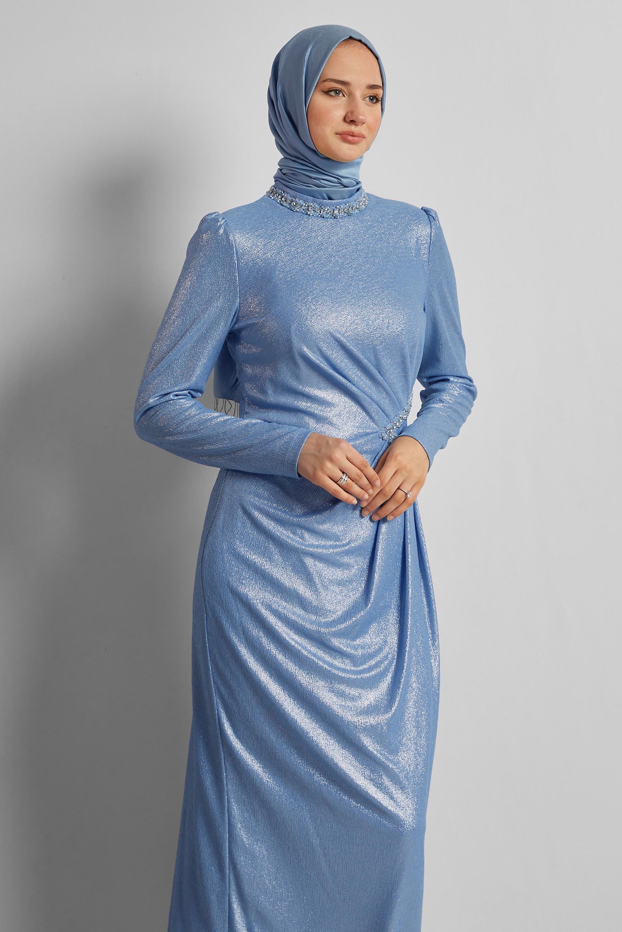 Tesettür giyim MAVİ TAŞ DETAYLI ELBİSE 45675