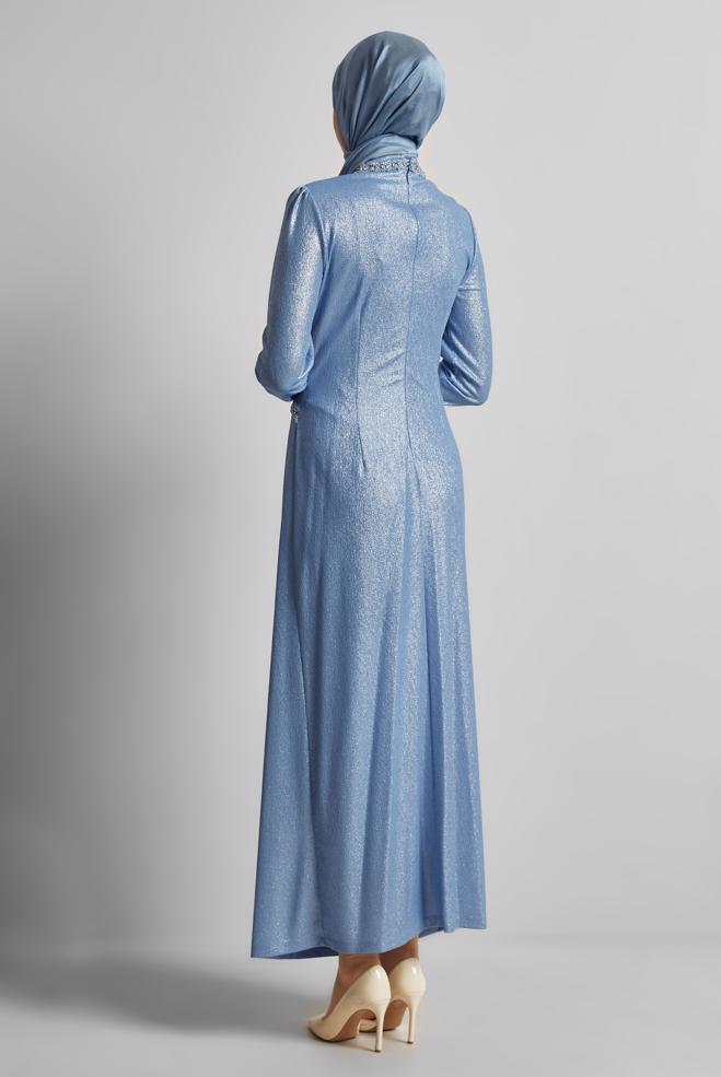 Vêtements hijab BLEU ROBE DÉTAILLÉE DE GEMME 45675 - ALVİNA