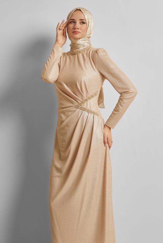 Vêtements hijab BEIGE ROBE DÉTAILLÉE DE GEMME 45675 - ALVİNA
