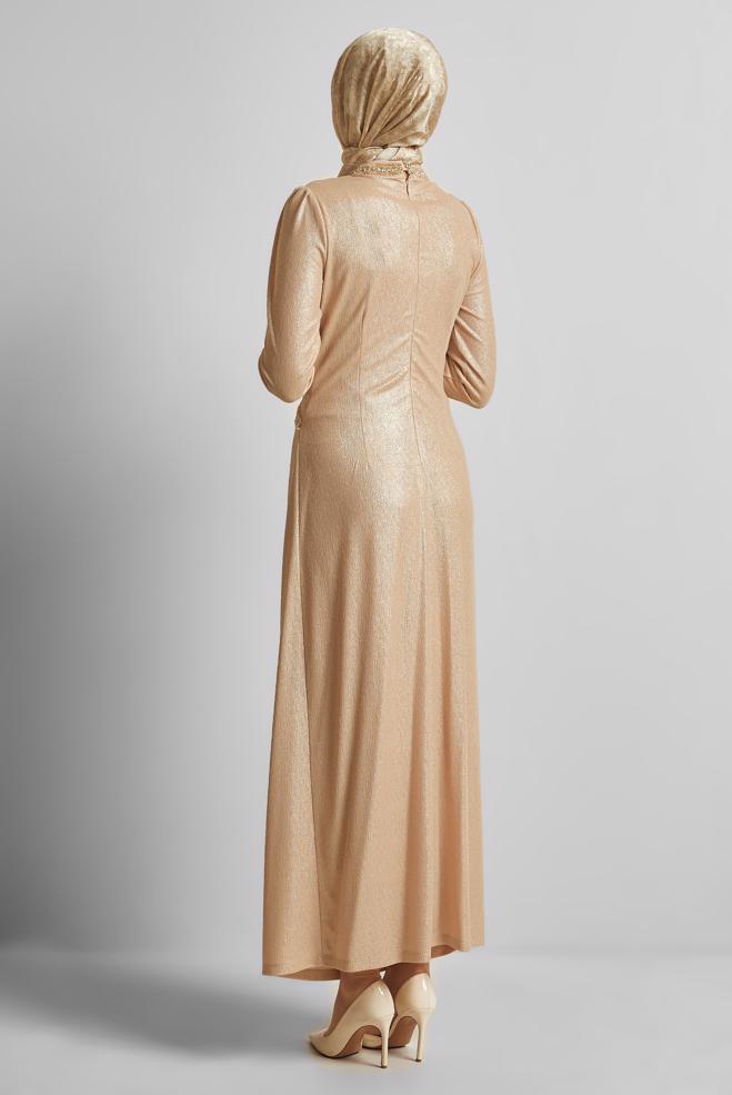 Vêtements hijab BEIGE ROBE DÉTAILLÉE DE GEMME 45675 - ALVİNA