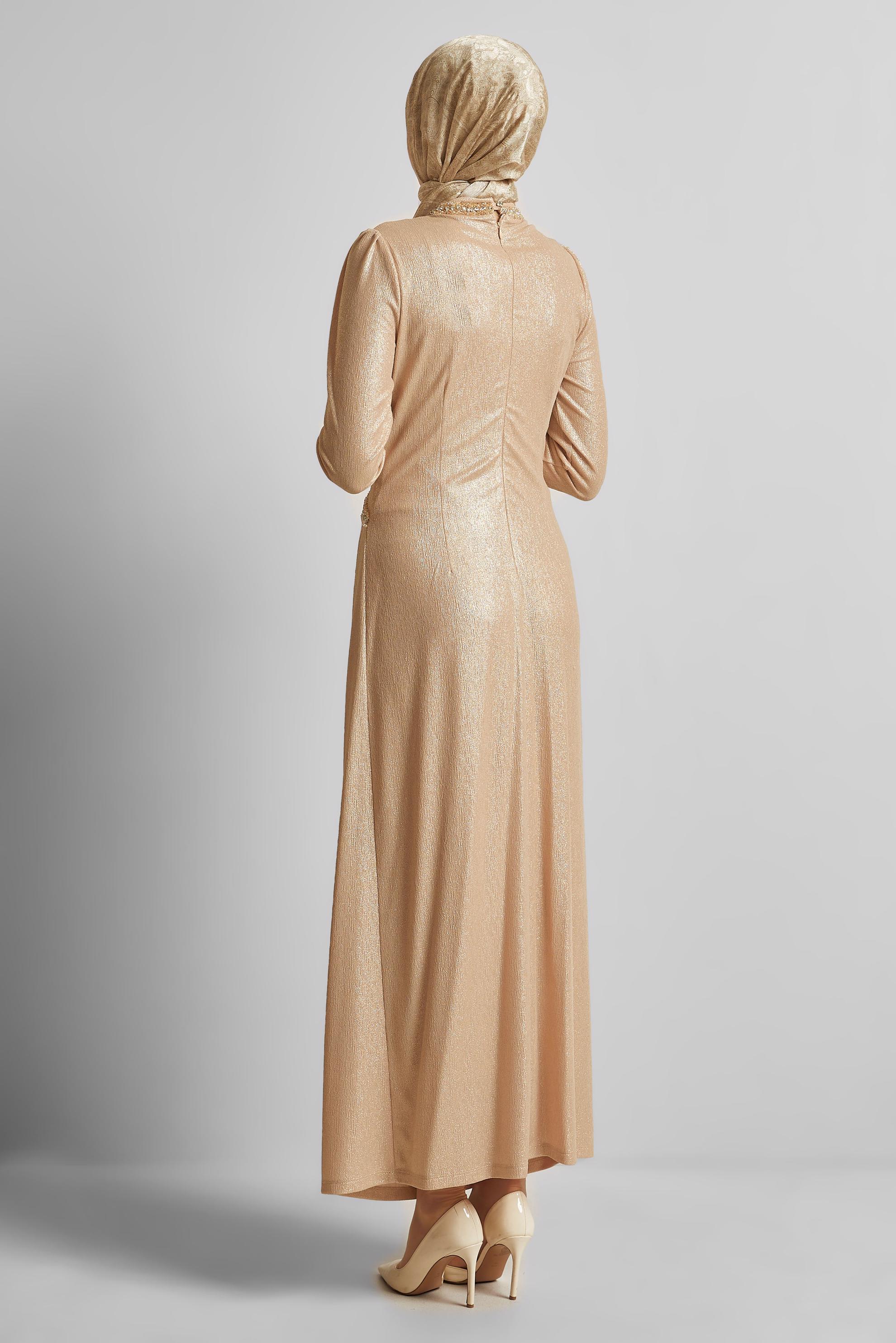 Tesettür giyim BEJ TAŞ DETAYLI ELBİSE 45675