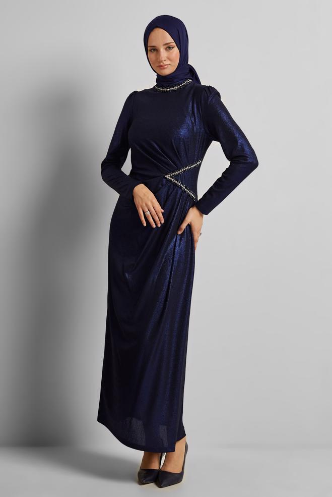 Vêtements hijab BLEU MARINE ROBE DÉTAILLÉE DE GEMME 45675 - ALVİNA