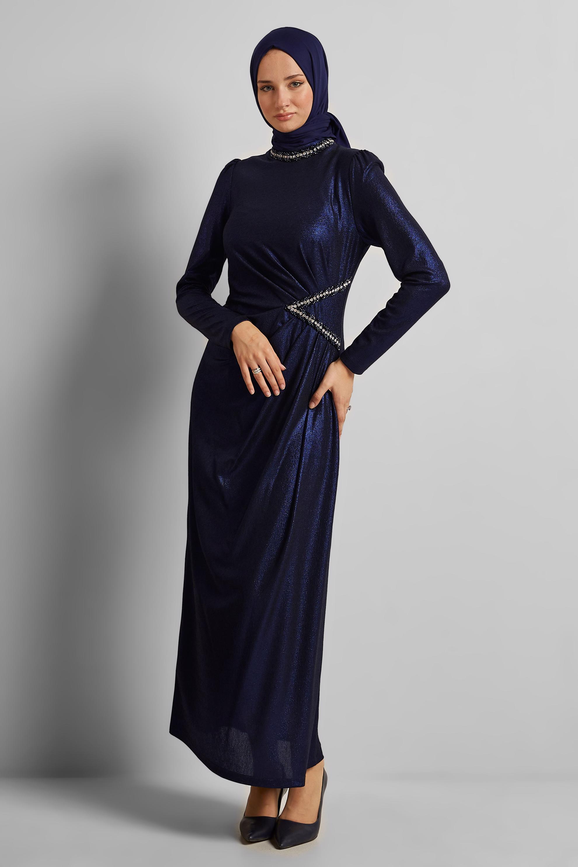 Tesettür giyim LACİVERT TAŞ DETAYLI ELBİSE 45675