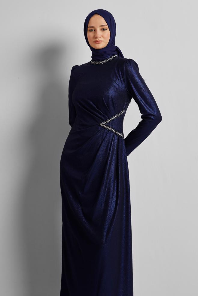 Vêtements hijab BLEU MARINE ROBE DÉTAILLÉE DE GEMME 45675 - ALVİNA