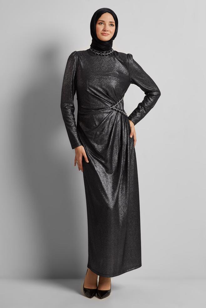 Vêtements hijab NOIR ROBE DÉTAILLÉE DE GEMME 45675 - ALVİNA