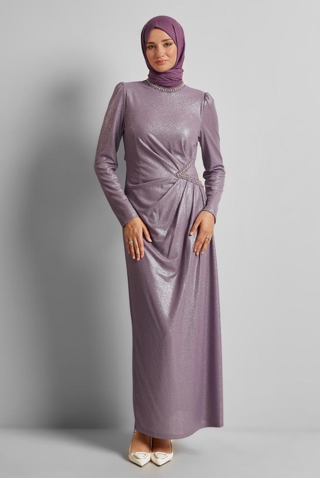 Vêtements hijab POURPRE ROBE DÉTAILLÉE DE GEMME 45675 - ALVİNA