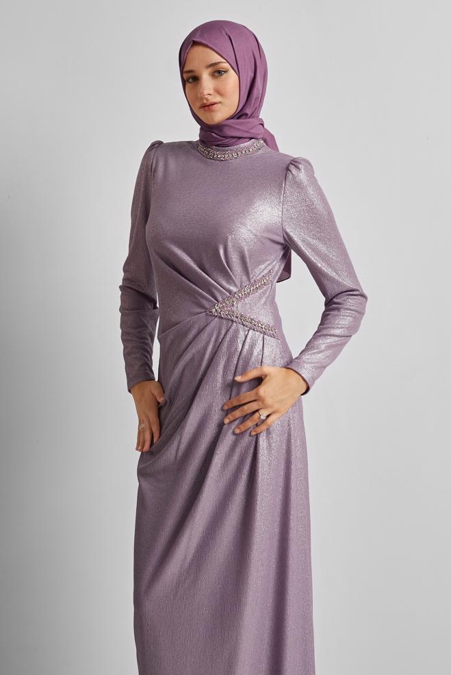 Vêtements hijab POURPRE ROBE DÉTAILLÉE DE GEMME 45675 - ALVİNA