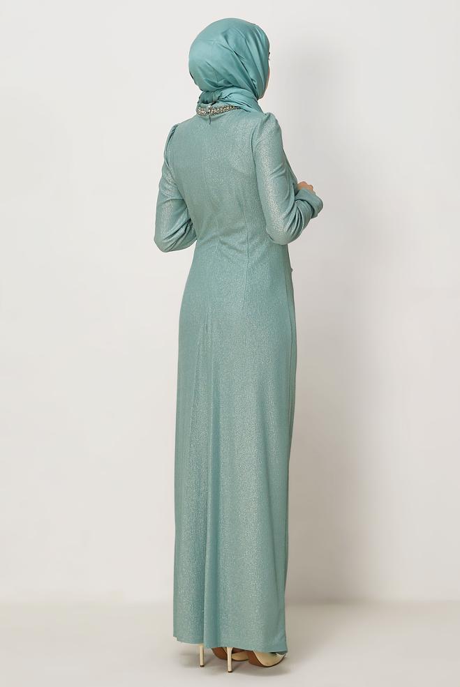 Vêtements hijab VERT ROBE DÉTAILLÉE DE GEMME 45675 - ALVİNA