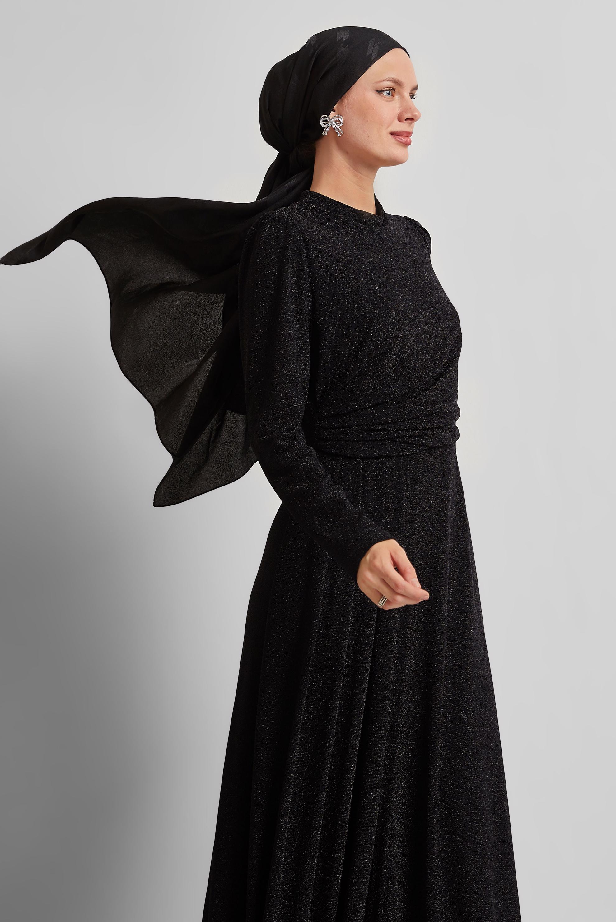 Tesettür giyim SİYAH DRAPE DETAYLI SİMLİ ELBİSE 45677