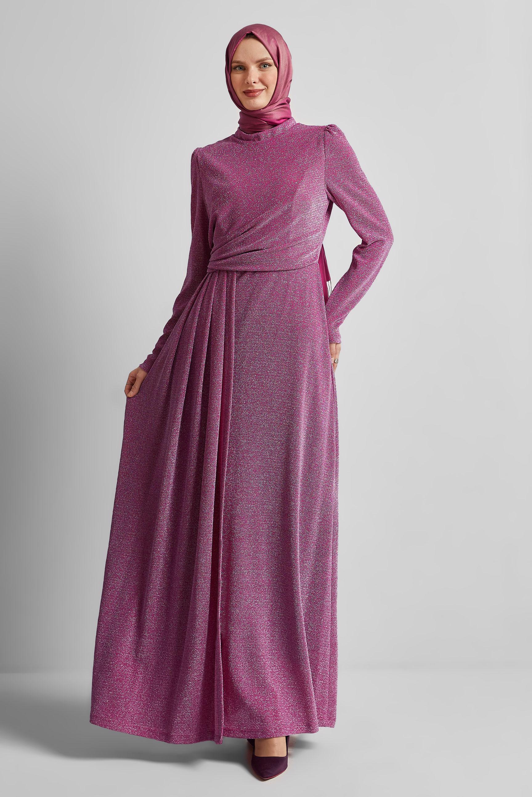 Tesettür giyim FUŞYA DRAPE DETAYLI SİMLİ ELBİSE 45677