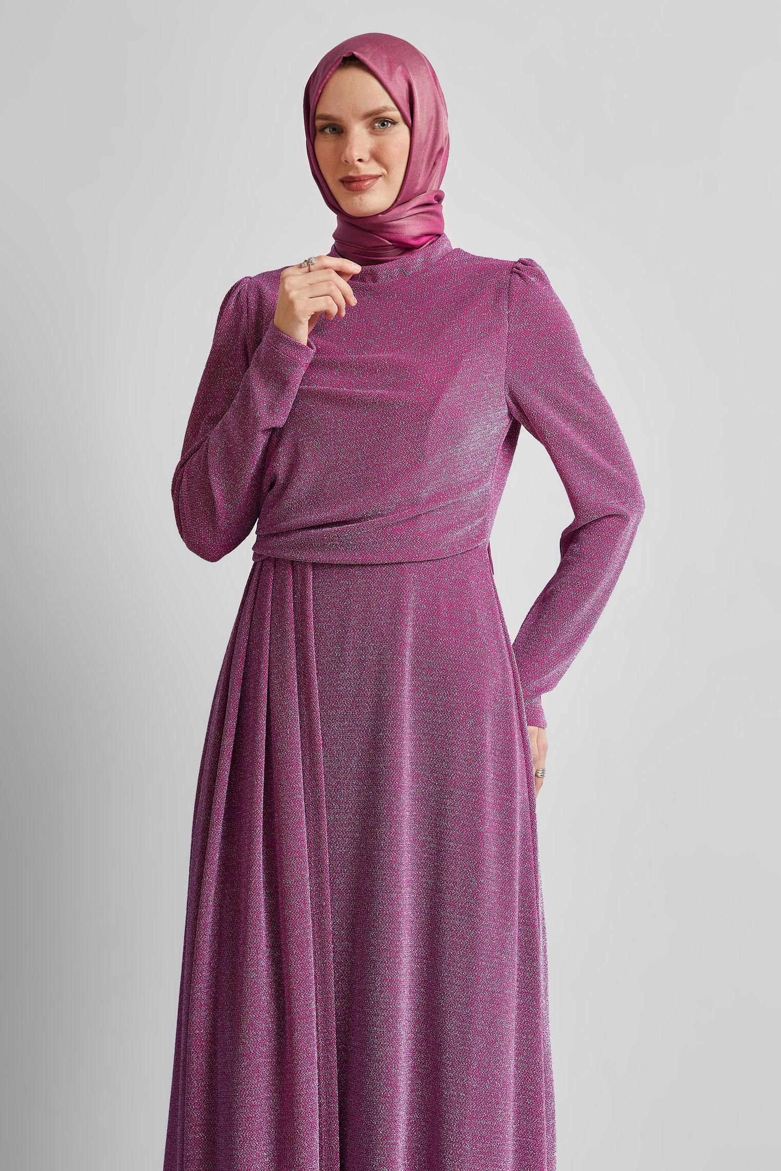 Tesettür giyim FUŞYA DRAPE DETAYLI SİMLİ ELBİSE 45677