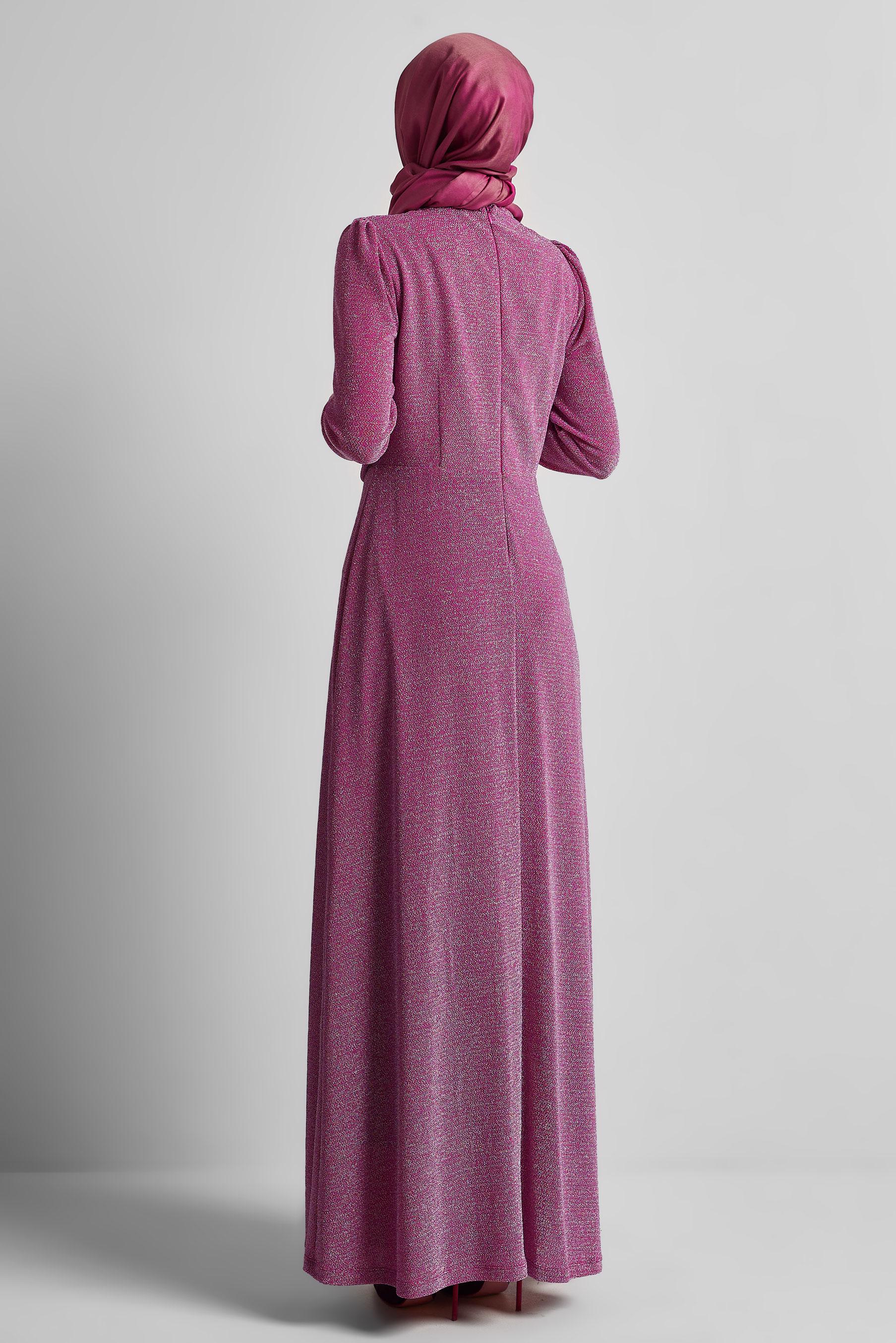 Tesettür giyim FUŞYA DRAPE DETAYLI SİMLİ ELBİSE 45677
