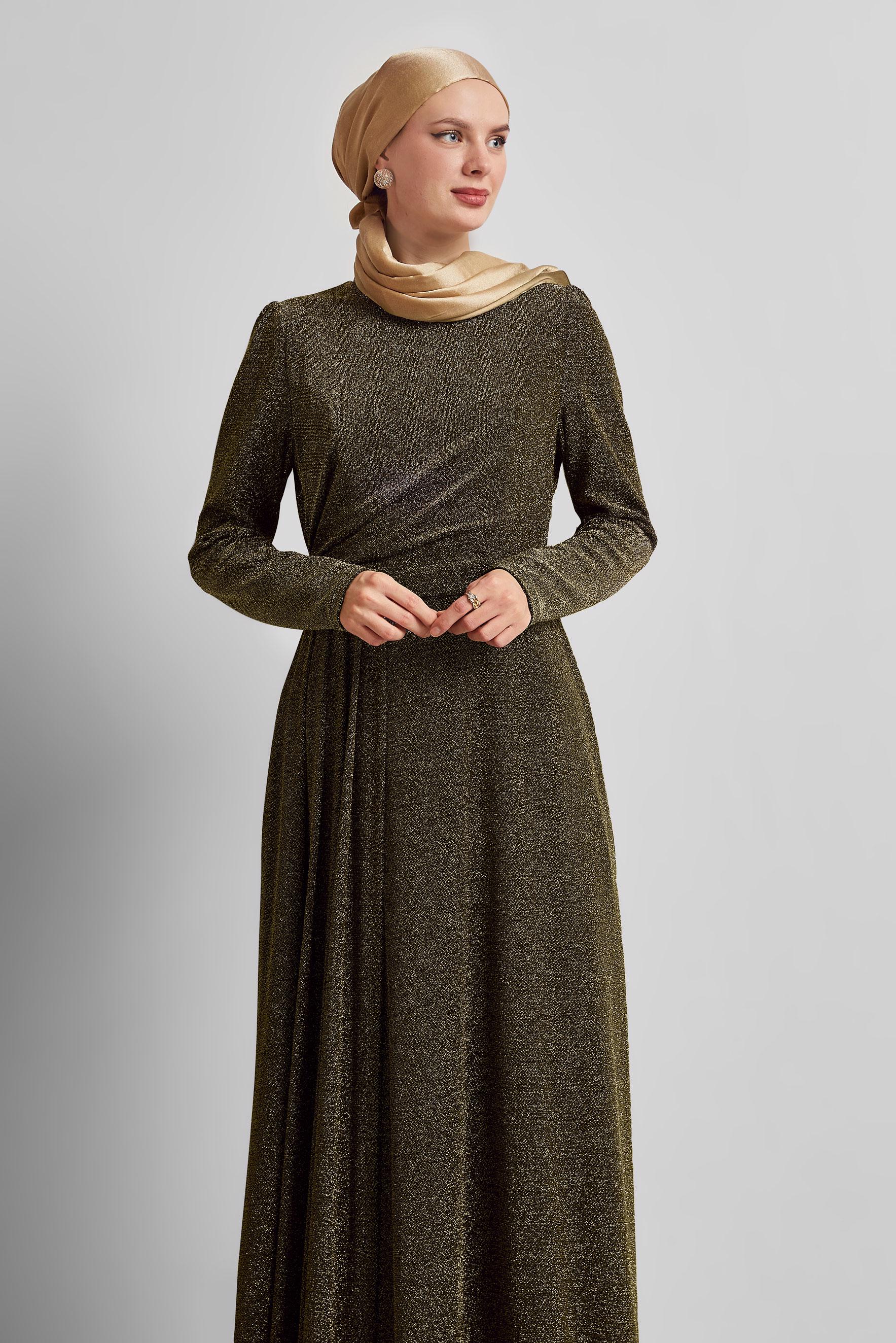 Tesettür giyim SİYAH DRAPE DETAYLI SİMLİ ELBİSE 45677