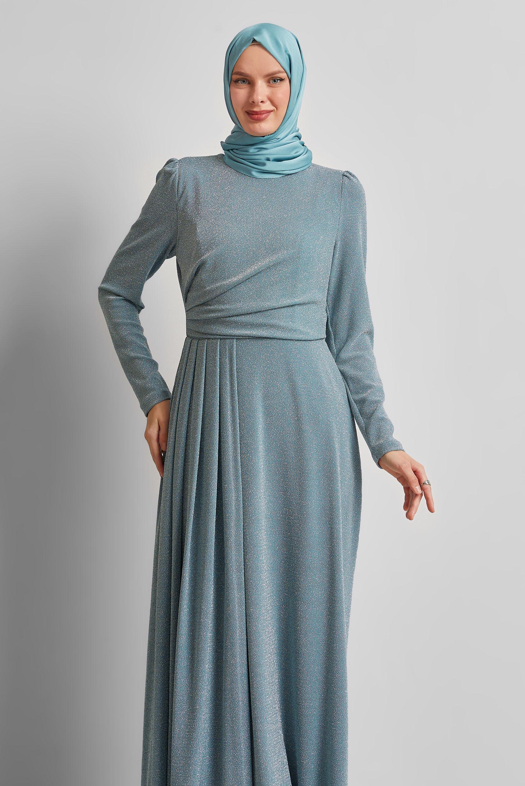 Tesettür giyim MAVİ DRAPE DETAYLI SİMLİ ELBİSE 45677