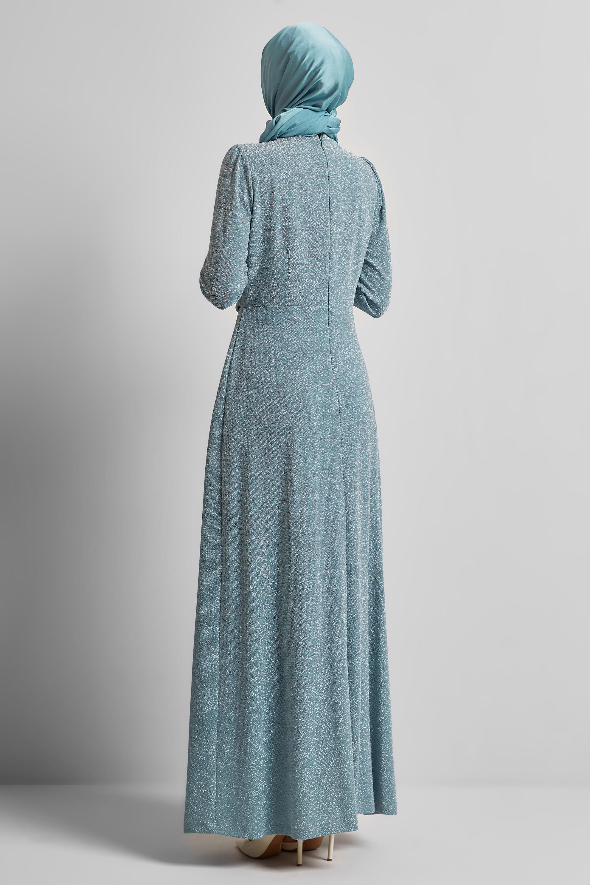 Tesettür giyim MAVİ DRAPE DETAYLI SİMLİ ELBİSE 45677