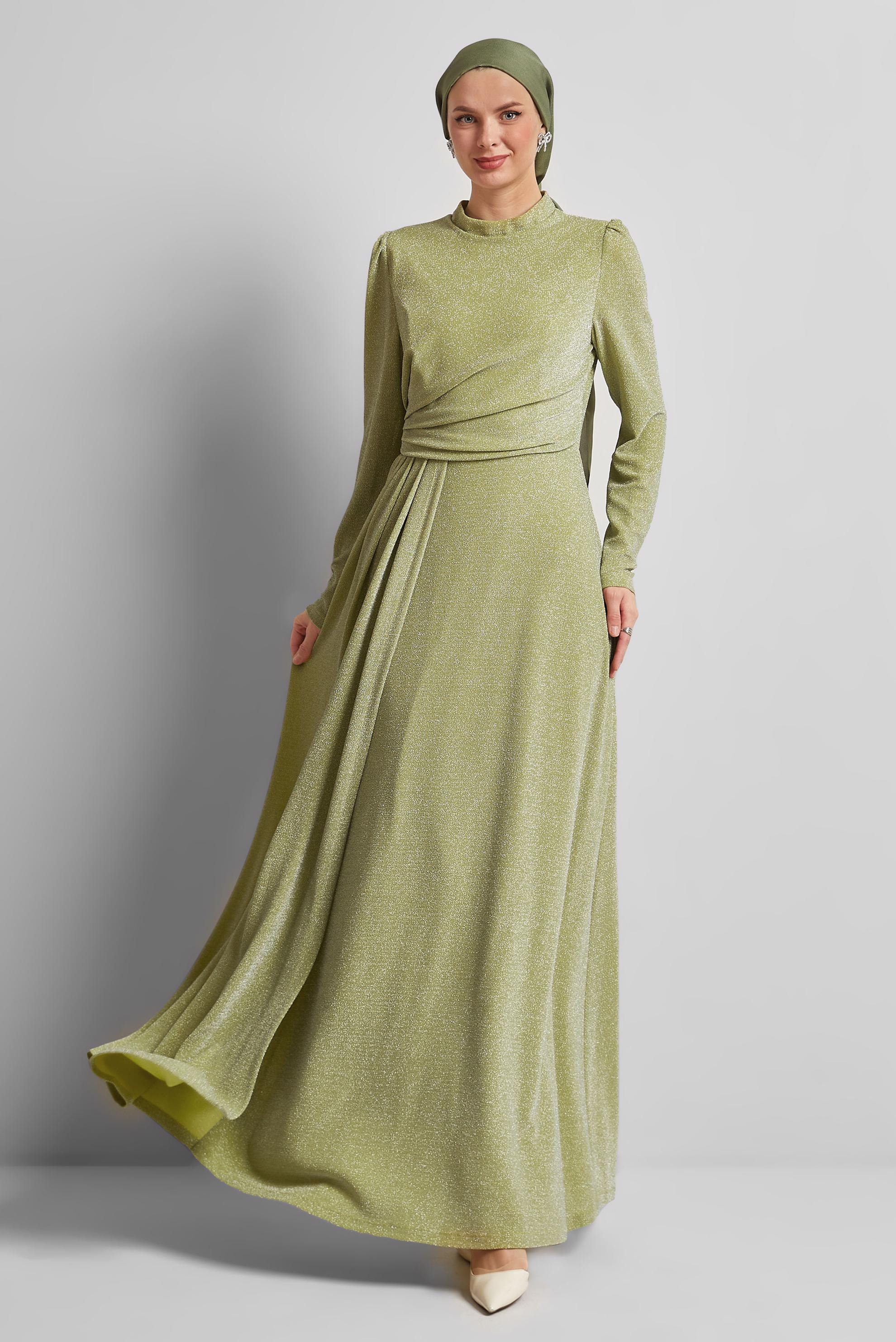 Tesettür giyim YEŞİL DRAPE DETAYLI SİMLİ ELBİSE 45677