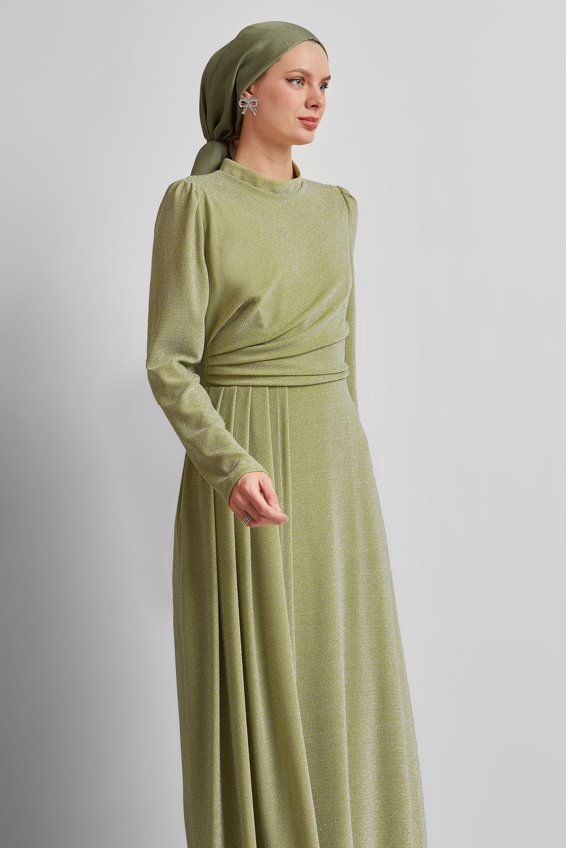 Tesettür giyim YEŞİL DRAPE DETAYLI SİMLİ ELBİSE 45677
