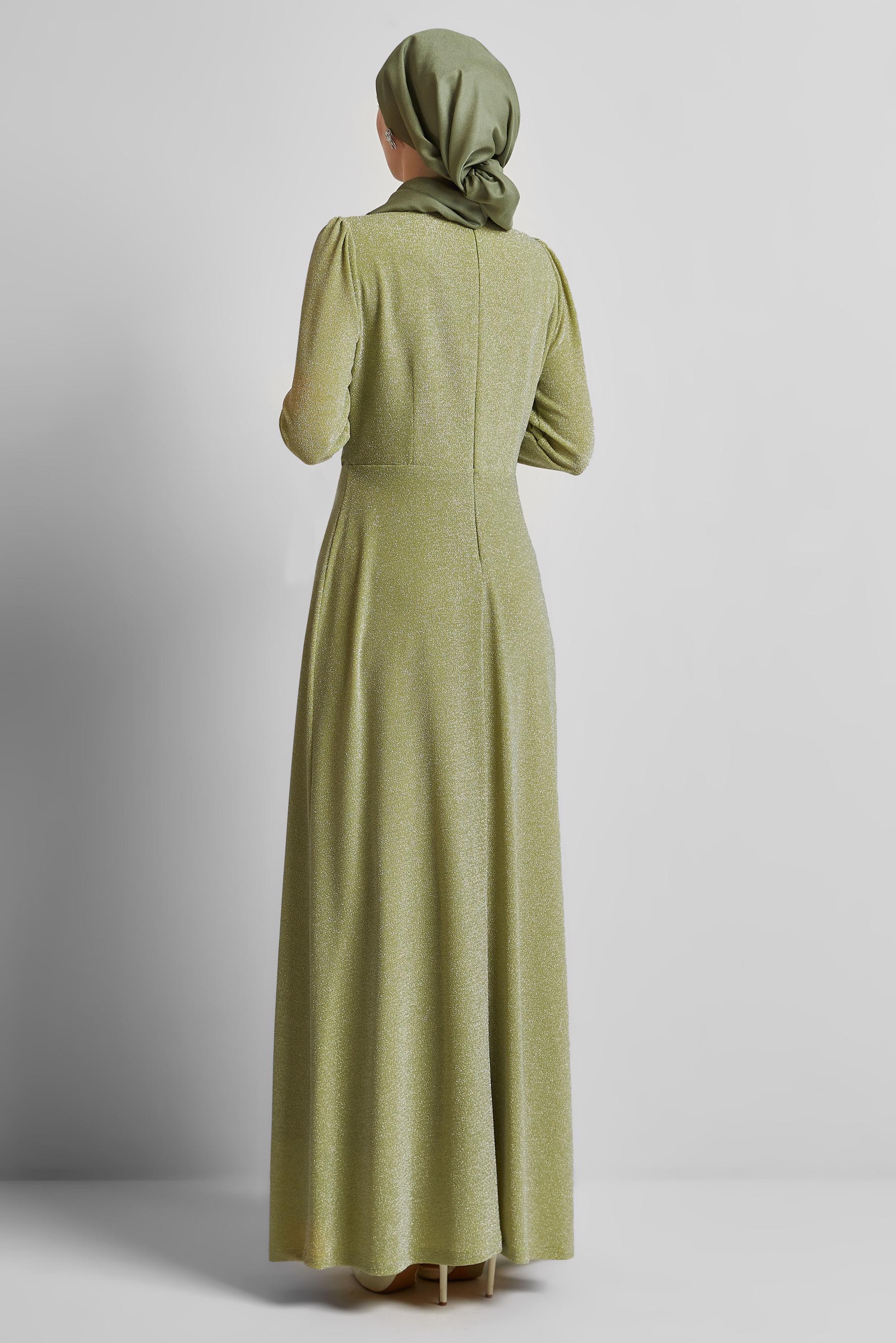 Tesettür giyim YEŞİL DRAPE DETAYLI SİMLİ ELBİSE 45677