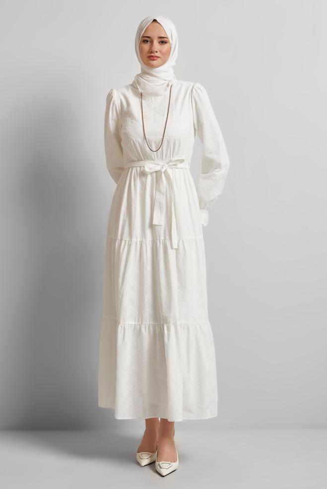 Vêtements hijab BLANC ROBE CEINTURÉE EN COTON 45707 - ALVİNA