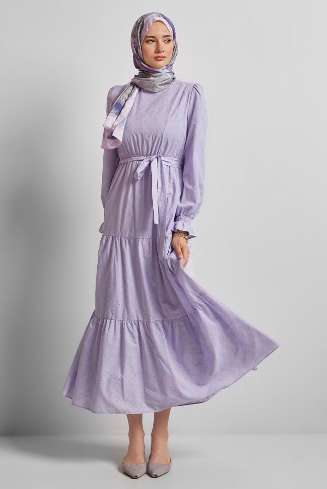Vêtements hijab POURPRE ROBE CEINTURÉE EN COTON 45707 - ALVİNA