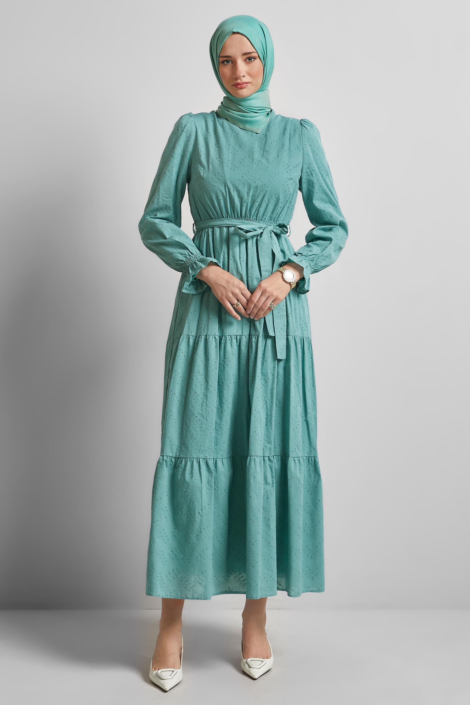 Vêtements hijab BLEU ROBE CEINTURÉE EN COTON 45707