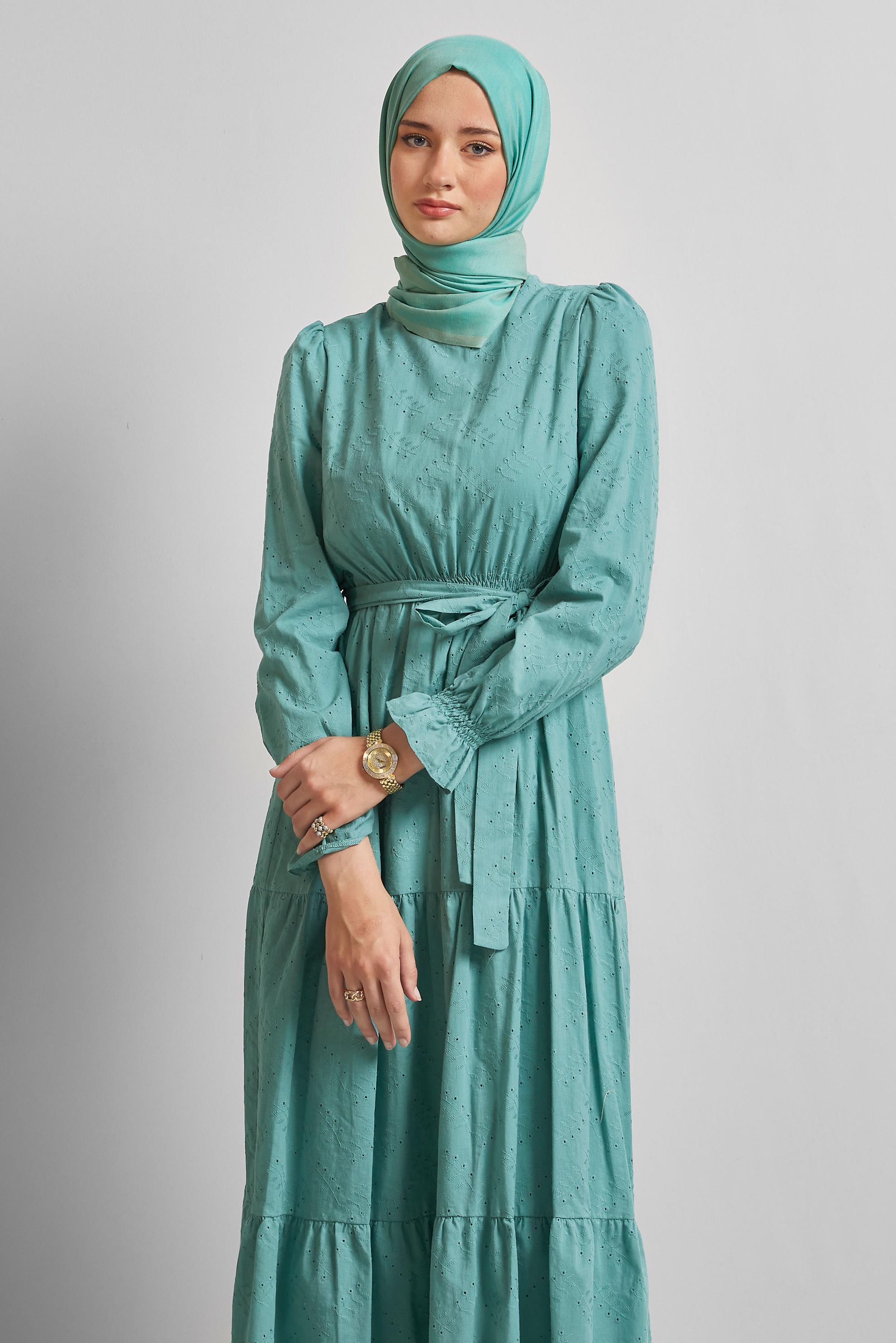 Vêtements hijab BLEU ROBE CEINTURÉE EN COTON 45707