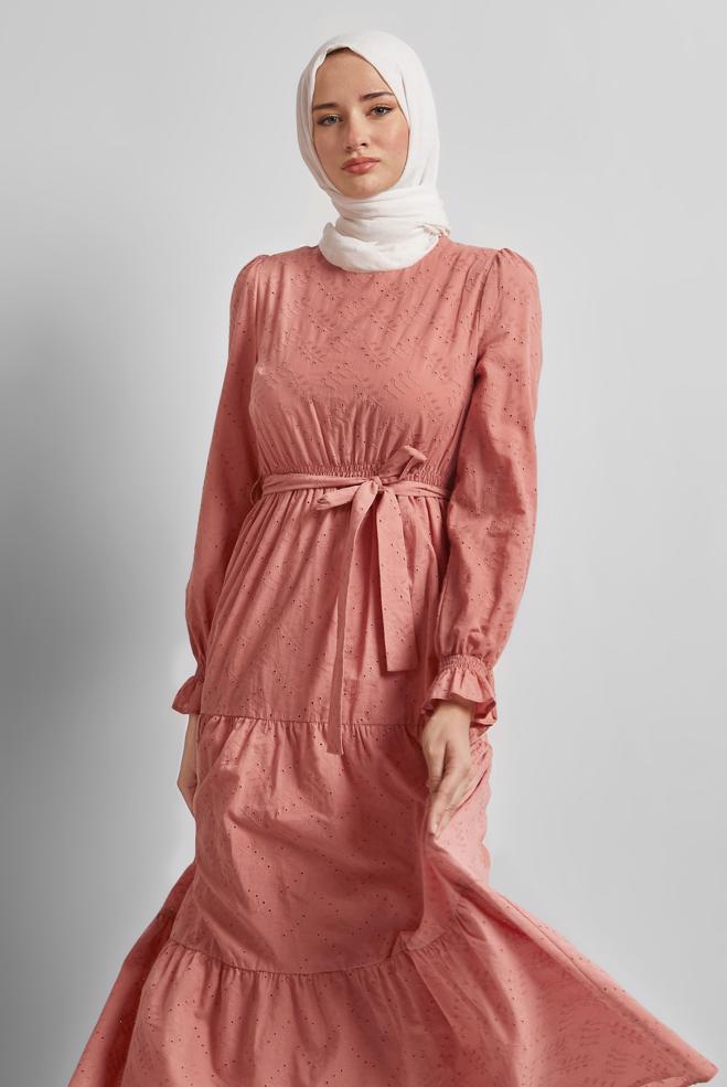 Vêtements hijab ROSE ROBE CEINTURÉE EN COTON 45707 - ALVİNA