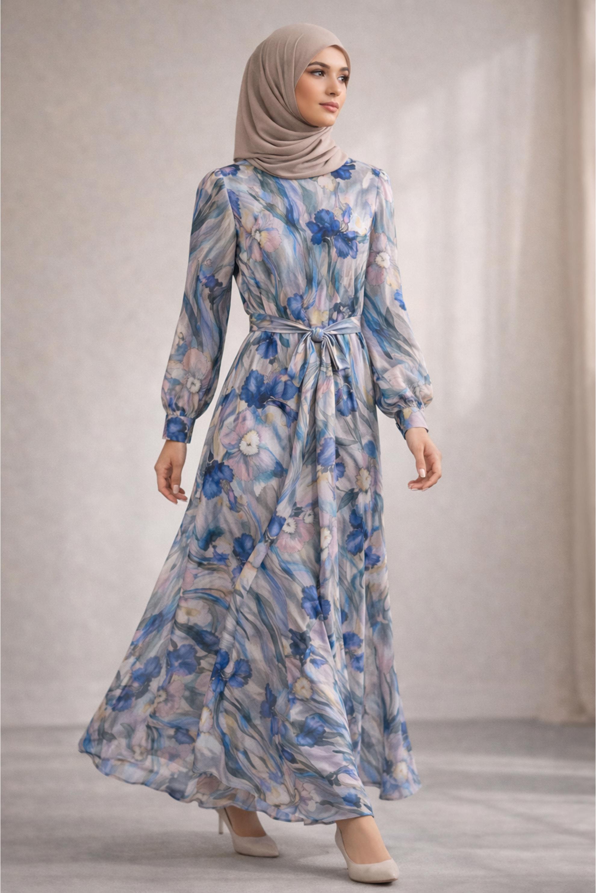 Hijab clothing NAVY BLUE BELTED PATTERNED DRESS 45708