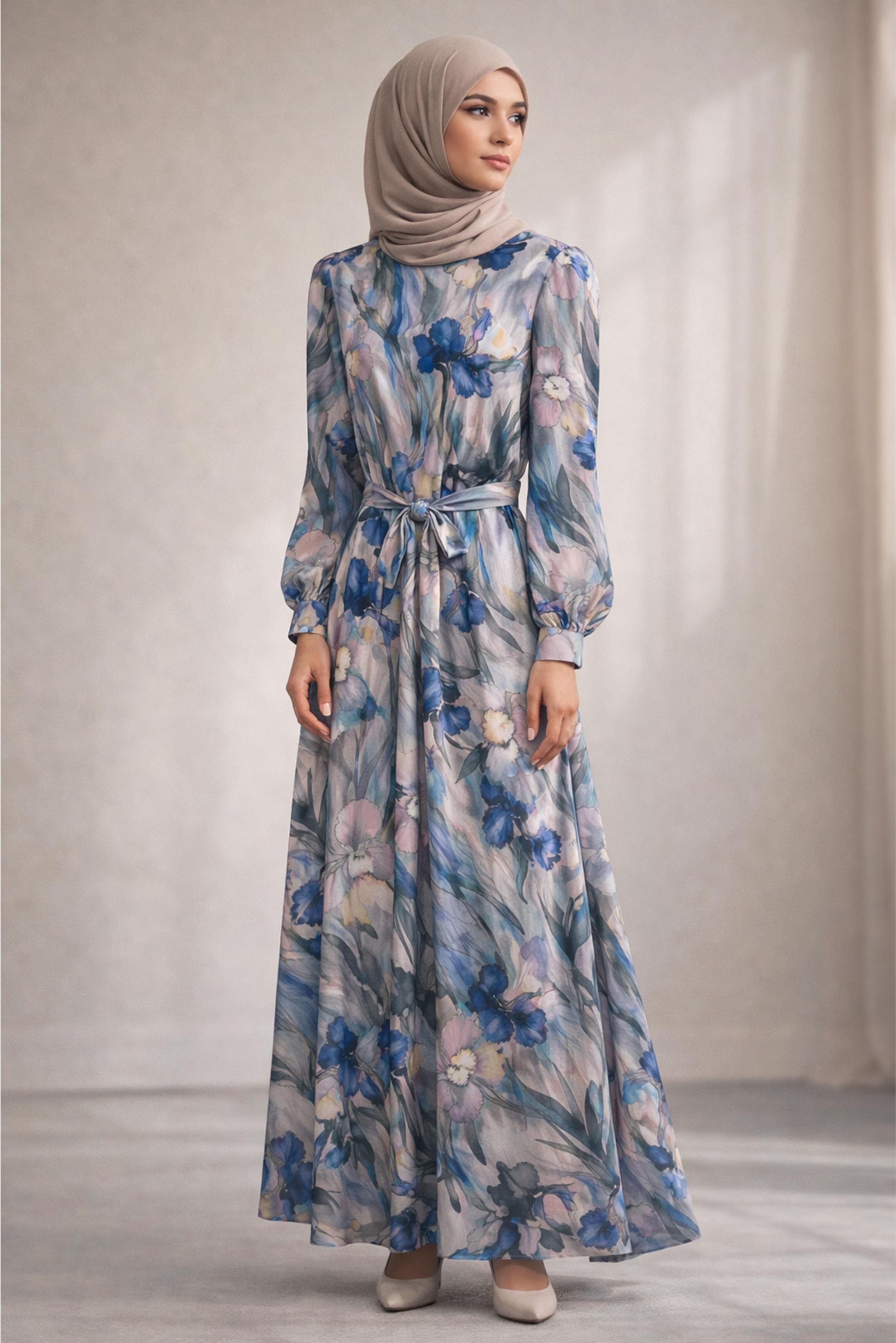 Hijab clothing NAVY BLUE BELTED PATTERNED DRESS 45708