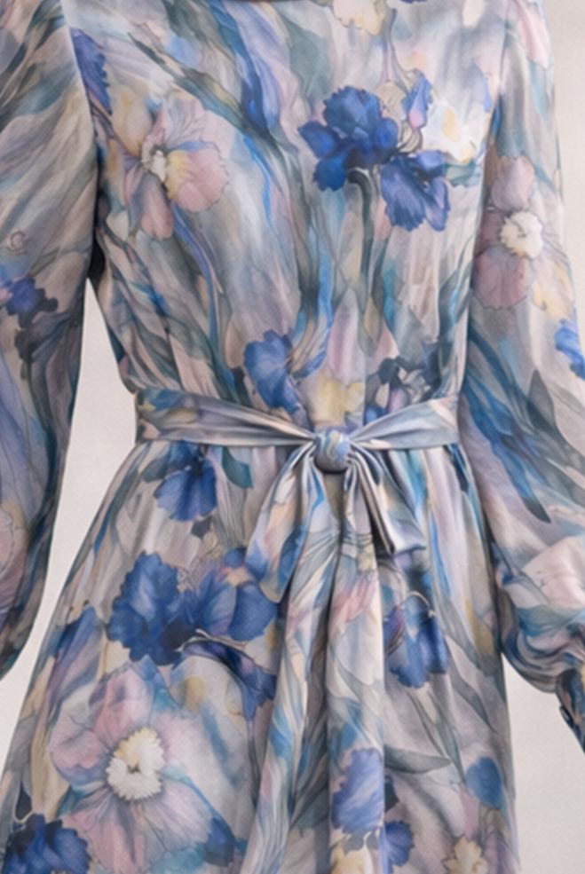 Hijab clothing NAVY BLUE BELTED PATTERNED DRESS 45708 - ALVİNA