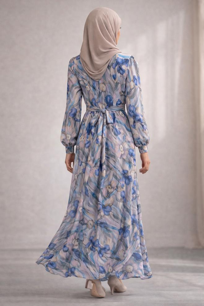 Hijab clothing NAVY BLUE BELTED PATTERNED DRESS 45708 - ALVİNA