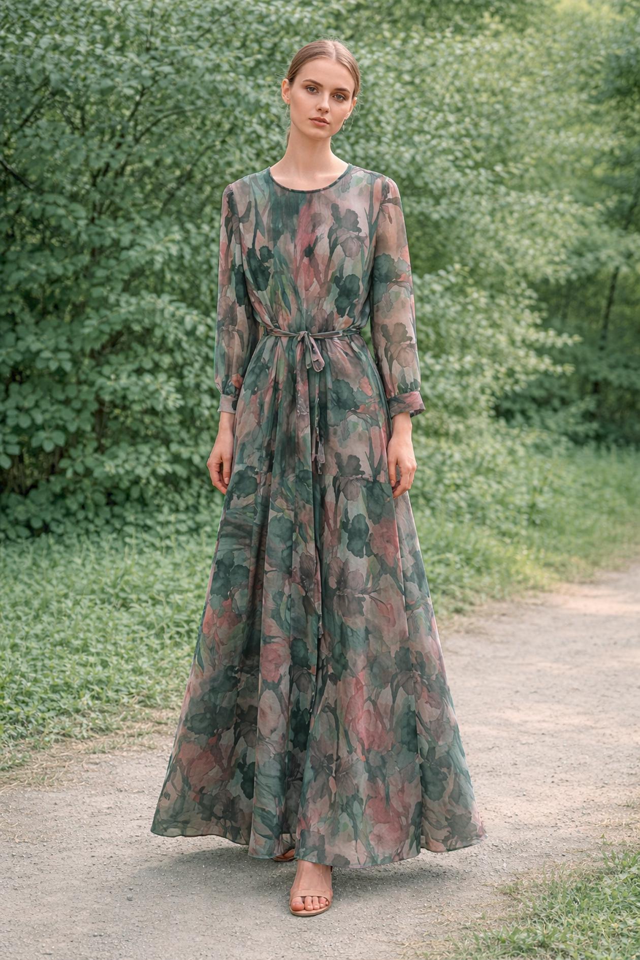 Hijab clothing PINK BELTED PATTERNED DRESS 45708