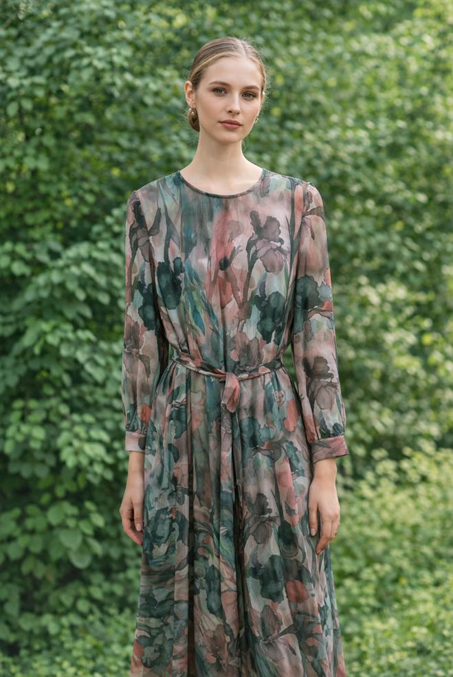 Hijab clothing PINK BELTED PATTERNED DRESS 45708 - ALVİNA