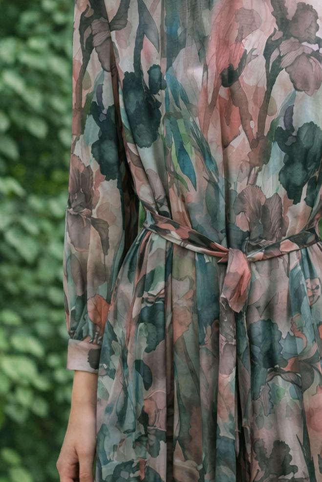 Hijab clothing PINK BELTED PATTERNED DRESS 45708 - ALVİNA