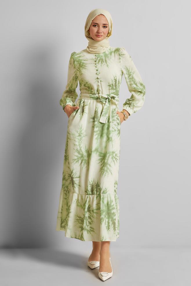 Vêtements hijab VERT ROBE À MOTIFS CEINTURÉE 45725 - ALVİNA