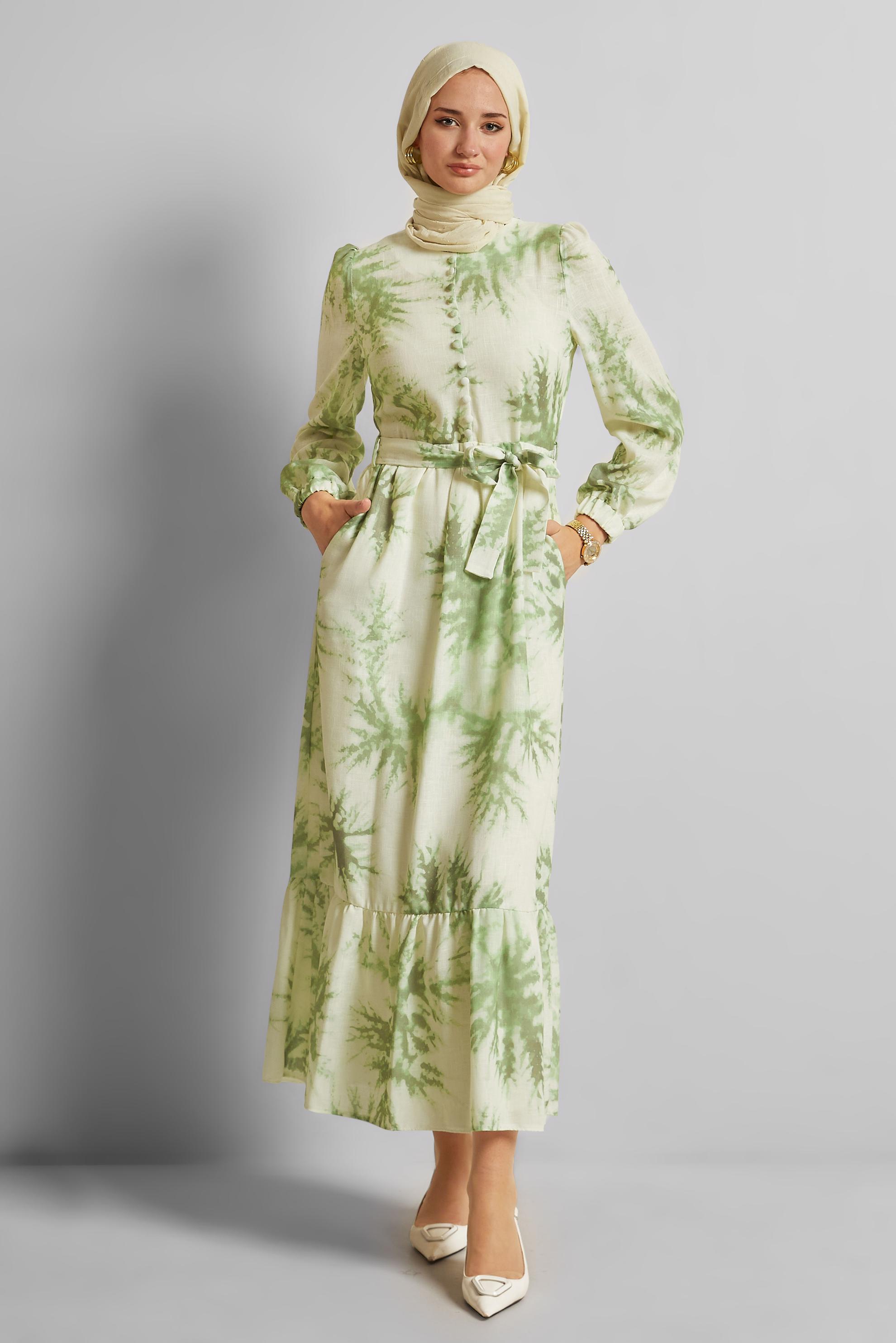 Vêtements hijab VERT ROBE À MOTIFS CEINTURÉE 45725