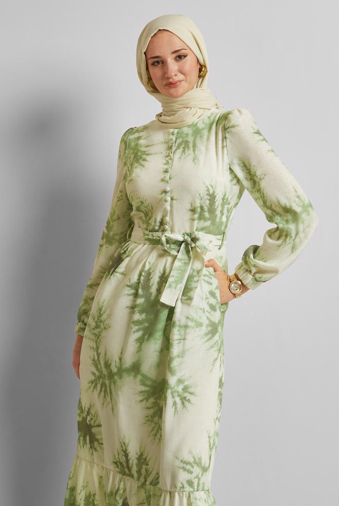 Vêtements hijab VERT ROBE À MOTIFS CEINTURÉE 45725 - ALVİNA