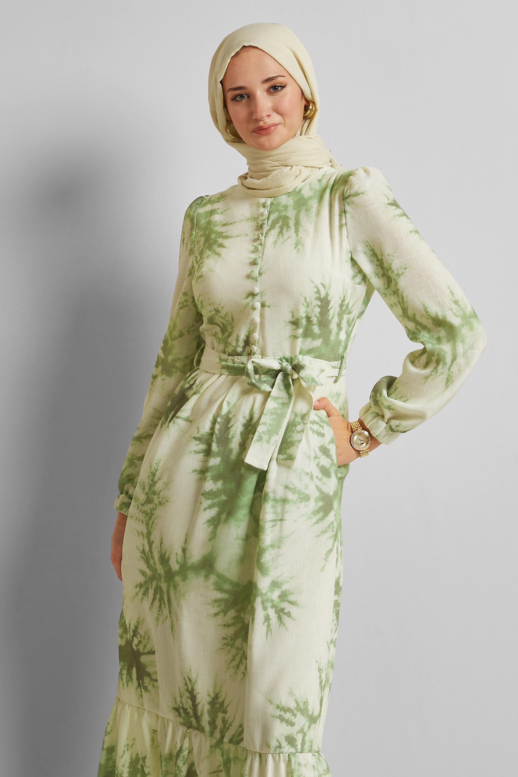 Vêtements hijab VERT ROBE À MOTIFS CEINTURÉE 45725