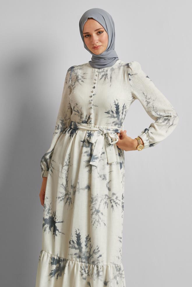 Vêtements hijab GRIS ROBE À MOTIFS CEINTURÉE 45725 - ALVİNA
