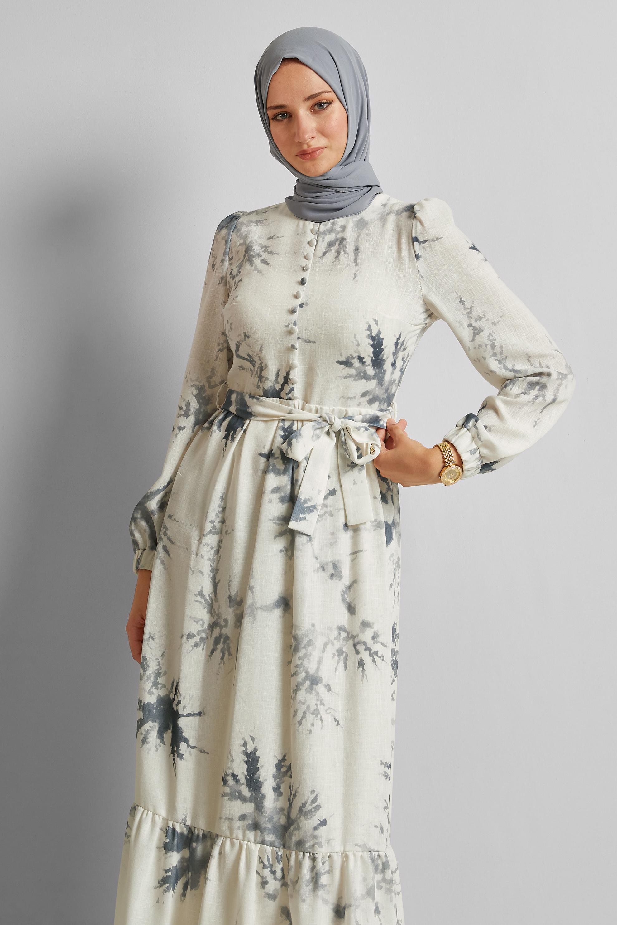 Vêtements hijab GRIS ROBE À MOTIFS CEINTURÉE 45725