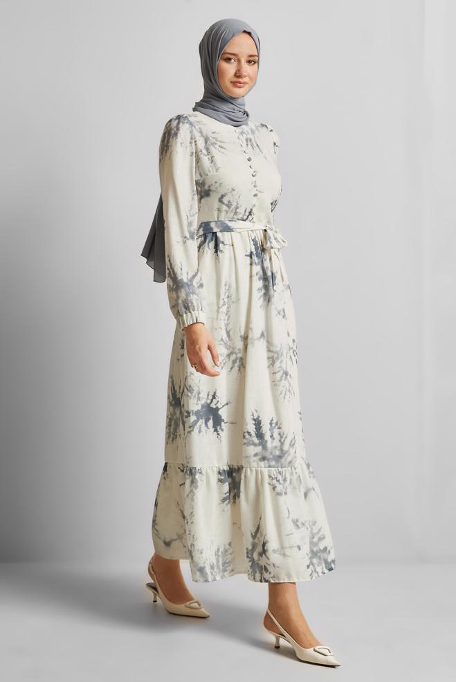 Vêtements hijab GRIS ROBE À MOTIFS CEINTURÉE 45725 - ALVİNA