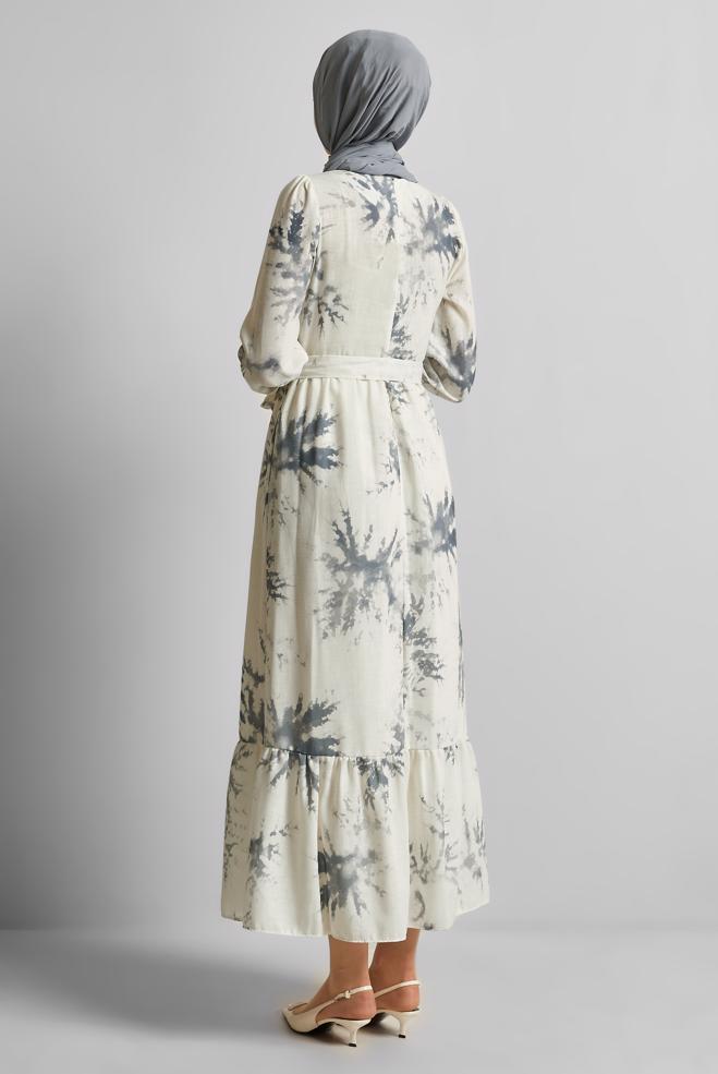 Vêtements hijab GRIS ROBE À MOTIFS CEINTURÉE 45725 - ALVİNA