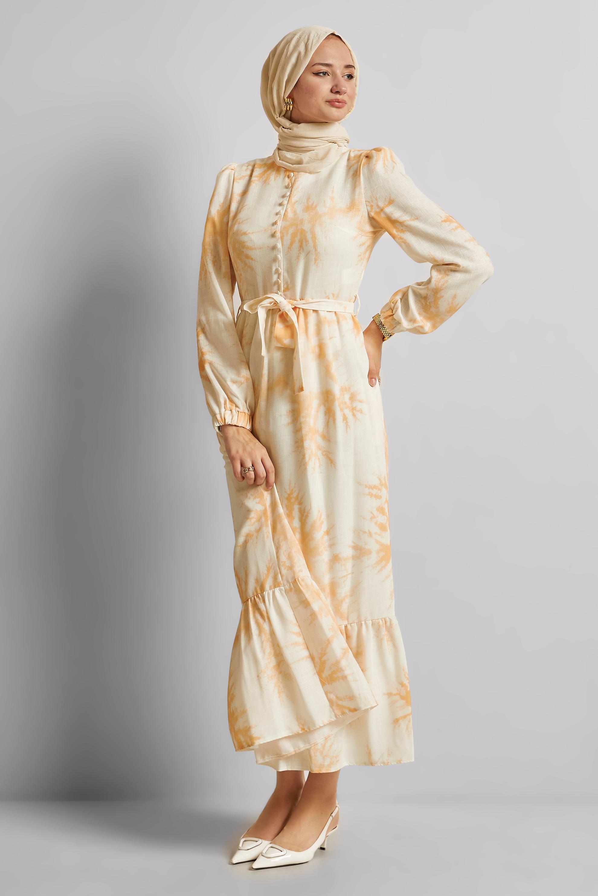 Vêtements hijab ORANGE ROBE À MOTIFS CEINTURÉE 45725