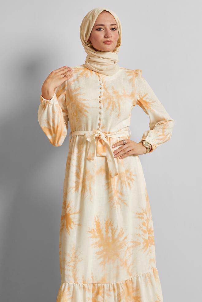 Vêtements hijab ORANGE ROBE À MOTIFS CEINTURÉE 45725 - ALVİNA