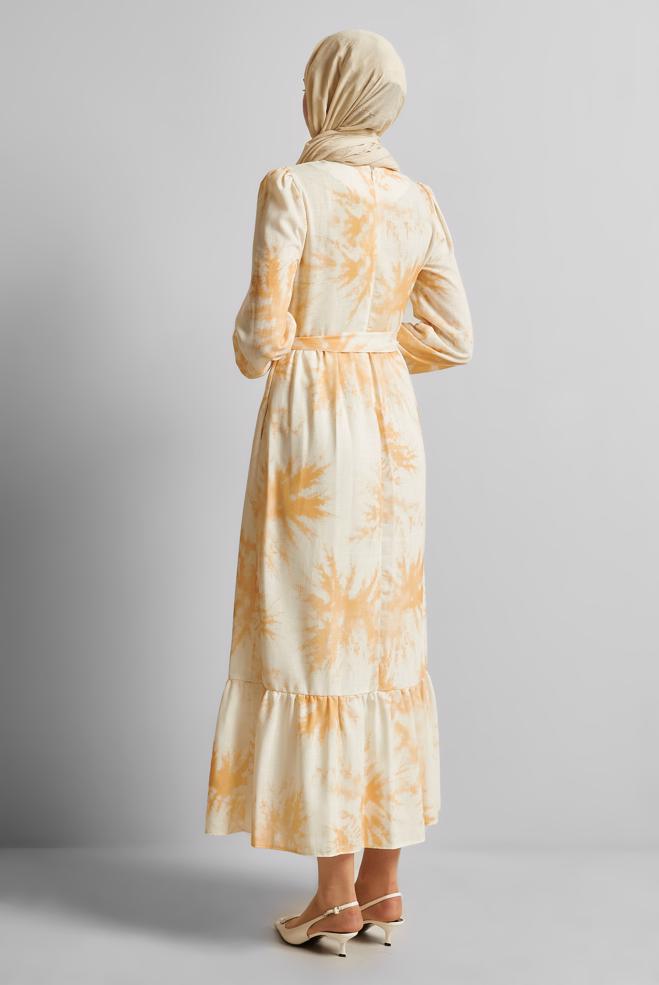 Vêtements hijab ORANGE ROBE À MOTIFS CEINTURÉE 45725 - ALVİNA