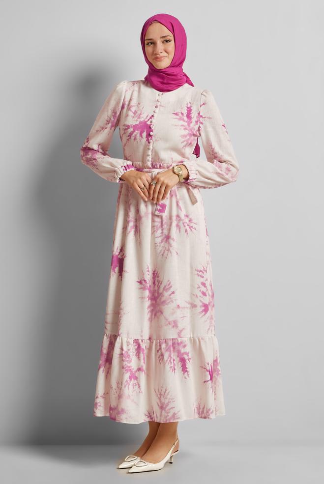 Vêtements hijab FUCHSIA ROBE À MOTIFS CEINTURÉE 45725 - ALVİNA