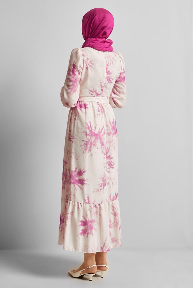Vêtements hijab FUCHSIA ROBE À MOTIFS CEINTURÉE 45725 - ALVİNA