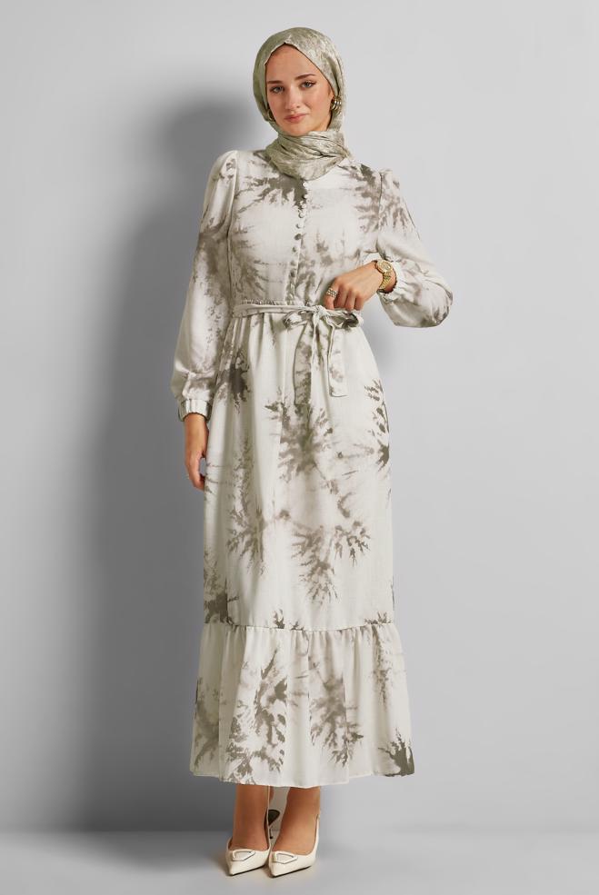 Vêtements hijab VISON ROBE À MOTIFS CEINTURÉE 45725 - ALVİNA