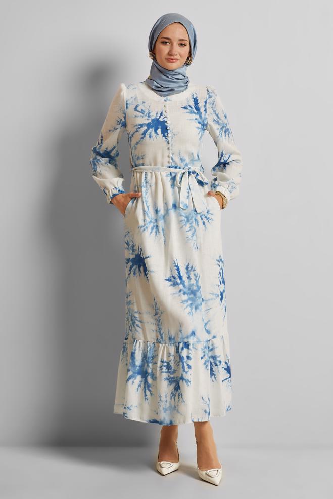 Vêtements hijab BLEU MARINE ROBE À MOTIFS CEINTURÉE 45725 - ALVİNA